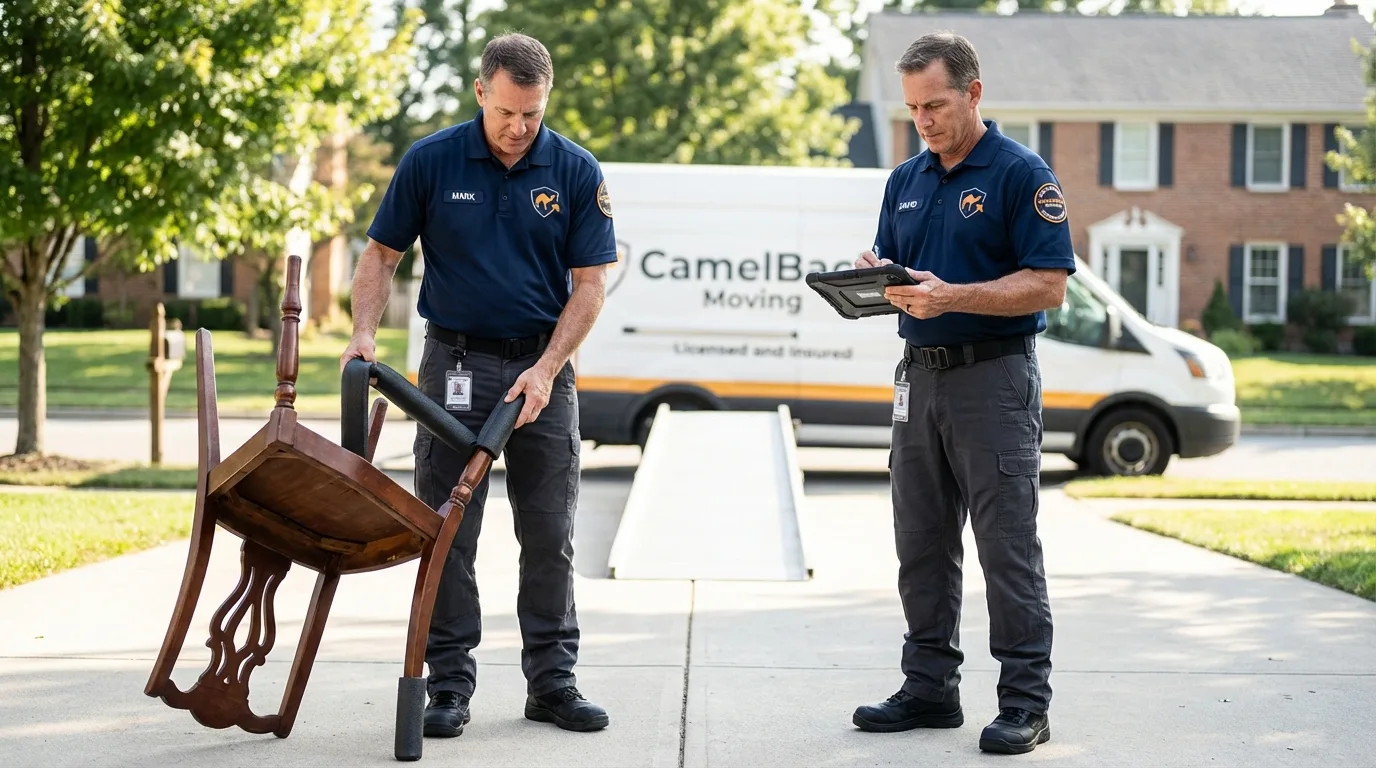 Movers inspecting furniture for damage prevention before loading in Homer, IL