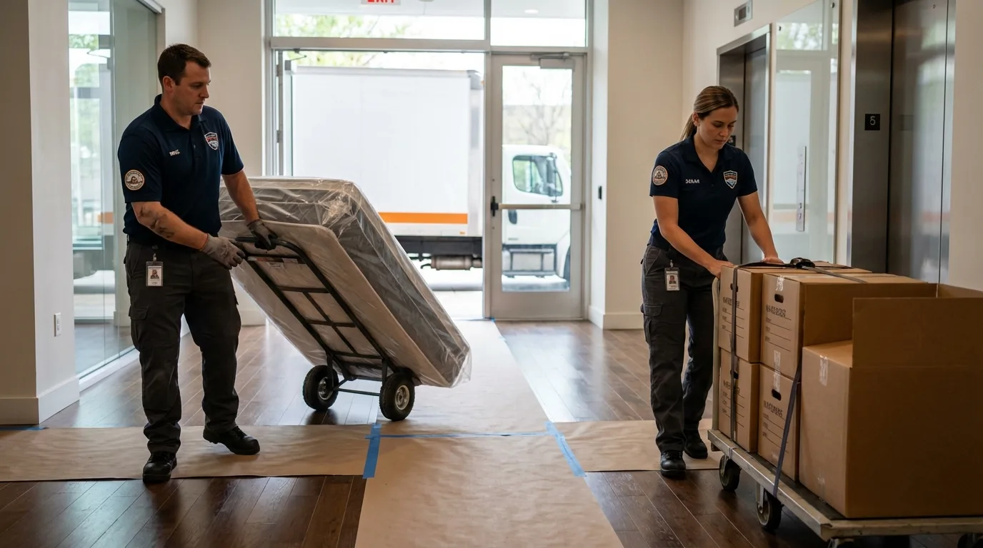Professional apartment movers loading elevator in Homer, IL